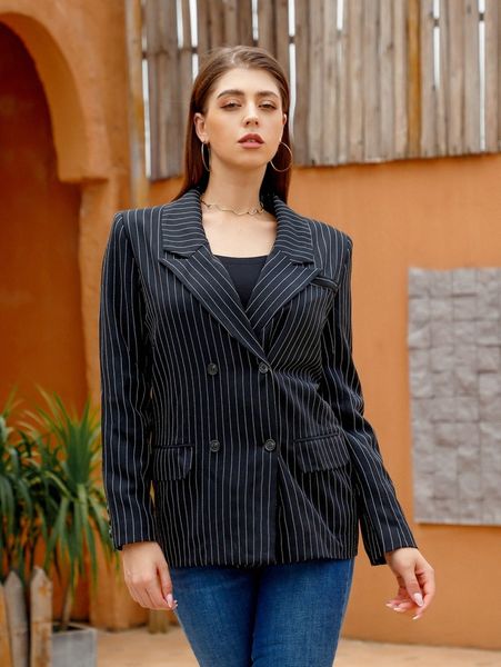 

unique21 pinstripe flap detail double breasted blazer z6qs#, White