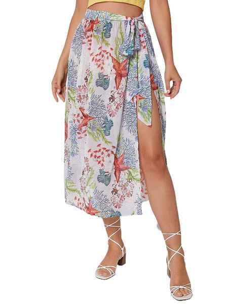 

coral & starfish print wrap knot side skirt o4q0#, Black