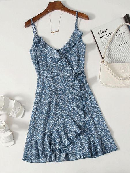 

ruffle trim wrap tie side ditsy floral slip dress y3qg#, Black;gray