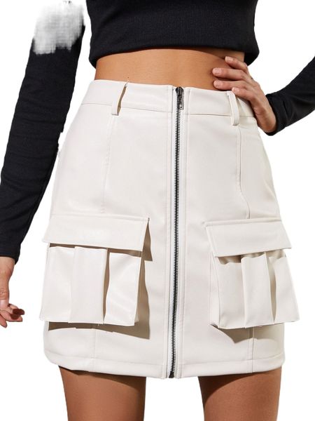 

zipper fly dual pocket cargo skirt t6f7#, Black
