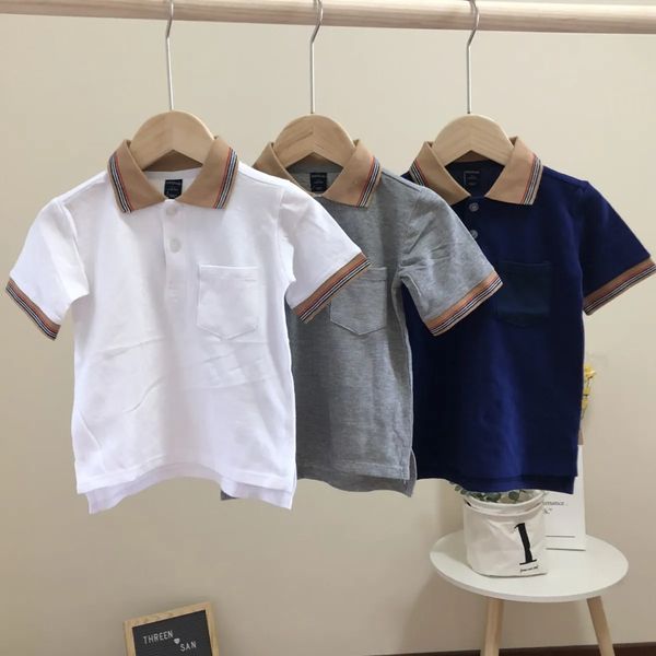 

children polos stripe collar cotton short sleeve kids boys girls casual pullover t shirts, Blue