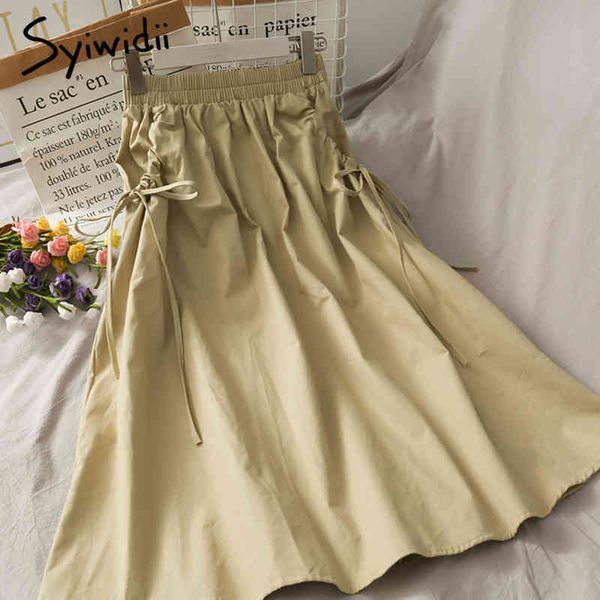 

vintage bow lace up high waist skirt women midcalf casual aline solid white black spring korean fashion skirts 210415