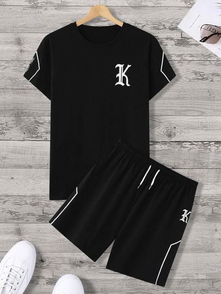 

men letter graphic tee & drawstring waist shorts n6b8#, Gray