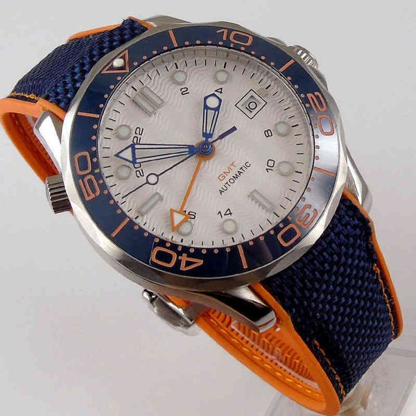 

41mm self winding men watch automatic gmt movement sapphire glass rubber strap date window fashion luxury designer high quality, Slivery;brown