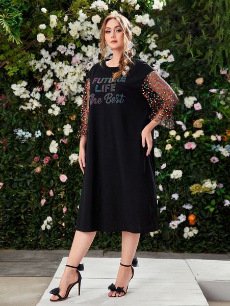 

plus polka dot rhinestone slogan graphic contrast mesh dress y0ar#, Black