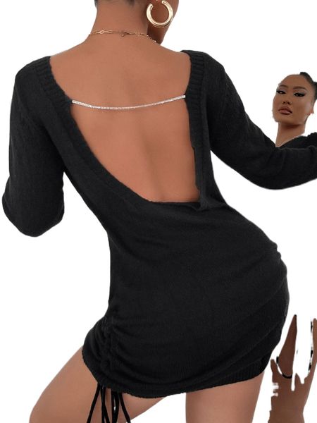 

rhinestone backless drawstring sweater dress k43l#, White;black
