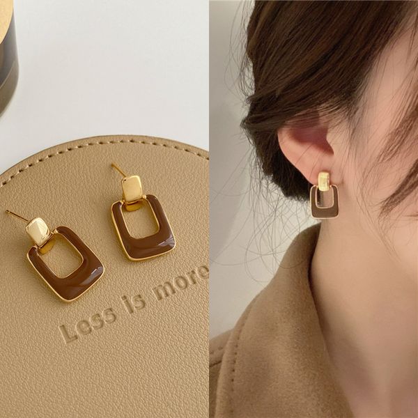 

s925 silver needle retro temperament drop glaze stud niche design square earrings female trendy personality elegant earrings, Golden;silver