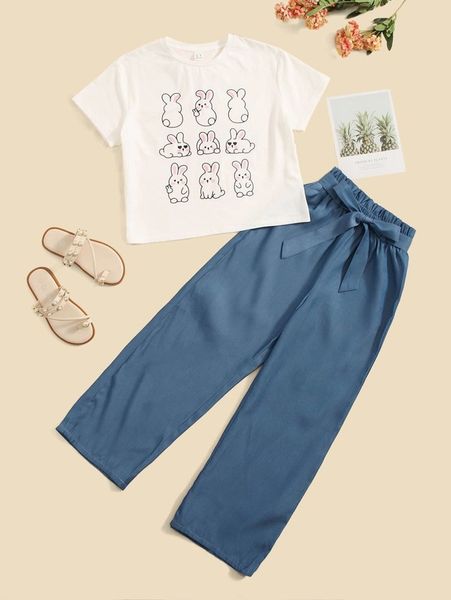 

girls rabbit print tee & paperbag waist belted pants she, White