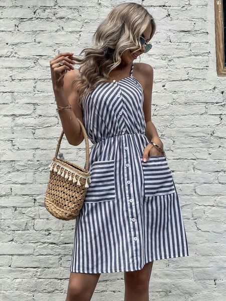 

striped fake button dual pocket cami dress q2x8#, Black;gray