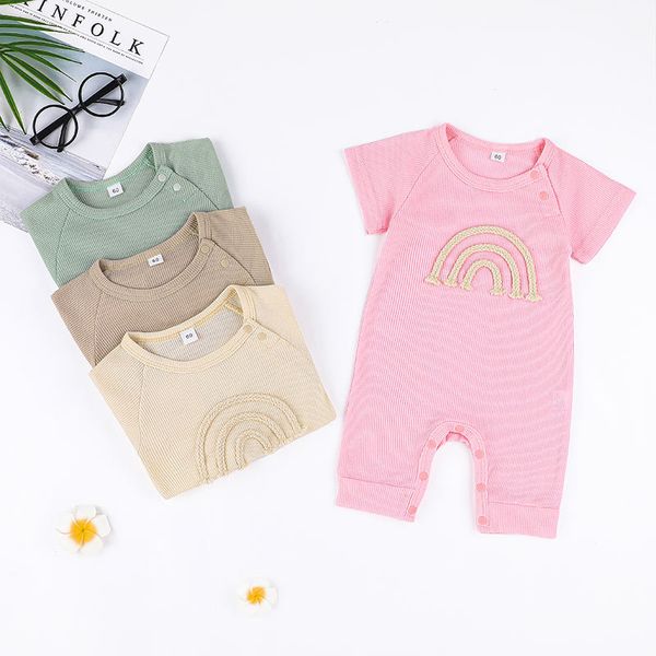 2022 sommer Kurzarm Baby Strampler Schöne Regenbogen Stil Reine Farbe Body Für Mädchen Jungen Rosa/BEIGE/Khaki/grün 4 Farben 3M-18M