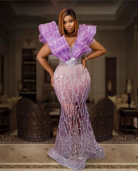 Abiti da ballo Mermiad viola chiaro Aso Ebi per ragazze nere 2022 Scollo a V sexy Plus Size Vedere attraverso il fondo Abiti da cerimonia per occasioni formali