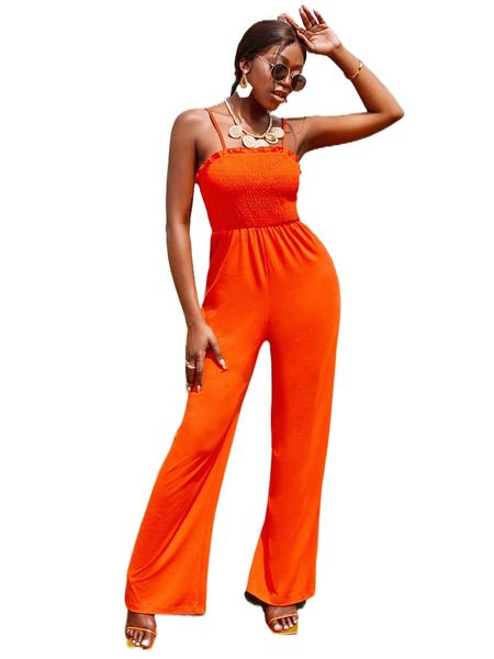 

solid shirred frill trim cami jumpsuit c0wy#, Black;white