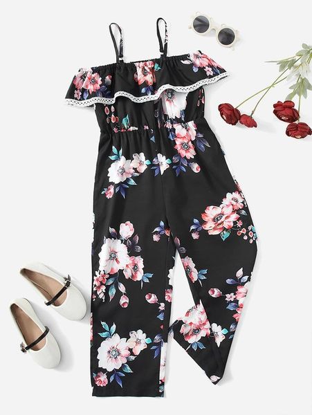 

toddler girls floral ruffle trim cold shoulder culotte jumpsuit she, Blue