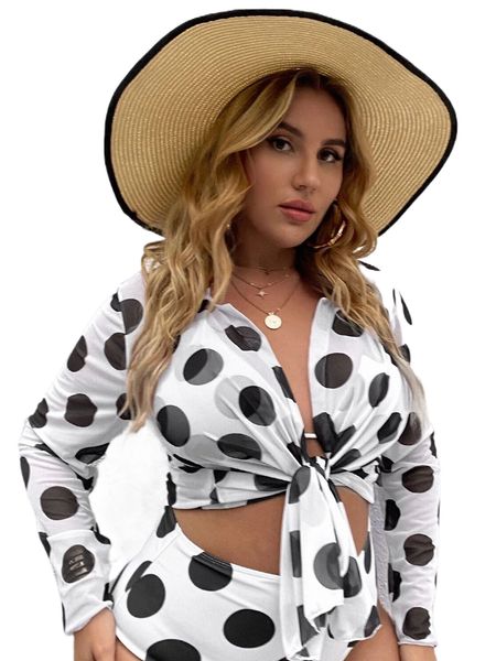 

plus polka dot halter bikini & cover up p4cy#, Black