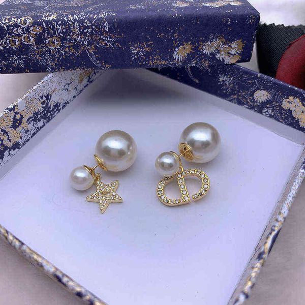 

factory outlet pearl letter five pointed star full diamond asymmetric earrings are super versatile exquisite elegant and fashionable, Golden