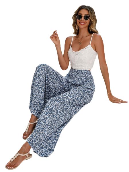 

guipure lace cami & ditsy floral print wide leg pants k4fm#, White
