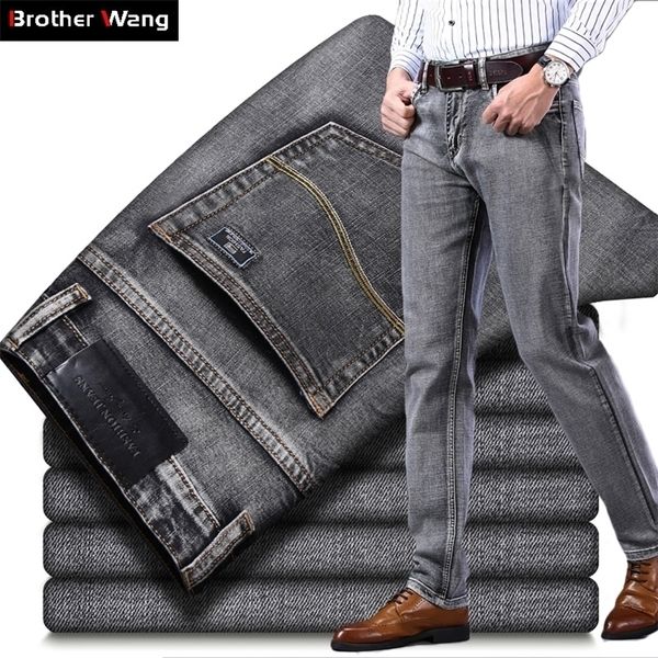 

men's stretch regular fit jeans business casual classic style fashion denim trousers male black blue gray pants 220328