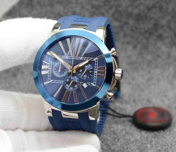 

dual individual style time exquisit men watch chronograph quartz roman number markers outdoor mens watches hammerhead shark blue rubber band, Slivery;brown