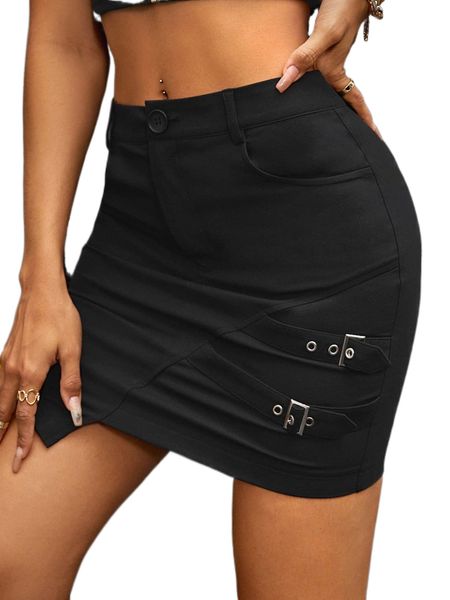 

buckle belted bodycon skirt w6e8#, Black
