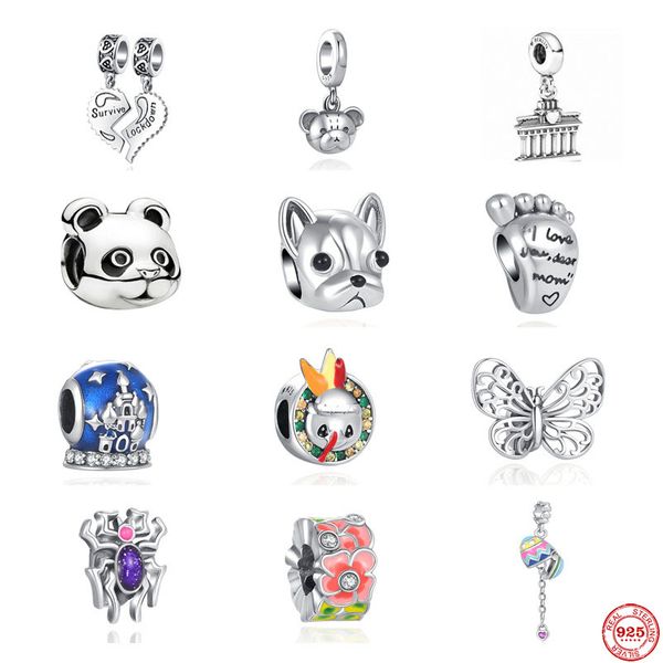 925 Prata Fit Pandora Charm 925 Pulseira Cachorro Pegada de Panda Contas de Aranha conjunto de encantos Pingente DIY Contas Finas Jóias