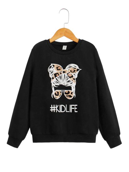

girls figure & letter graphic pullover p72k#, Black;white