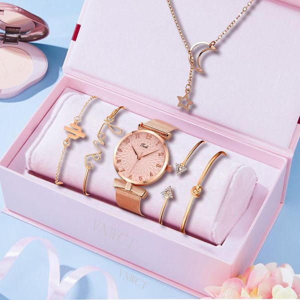 Orologi da polso di lusso 6 pezzi / set Orologi da donna Cinturino in maglia magnetica femminile Rosa Orologio da donna Bracciale Montre Femme Reloj MujerOrologi da polso