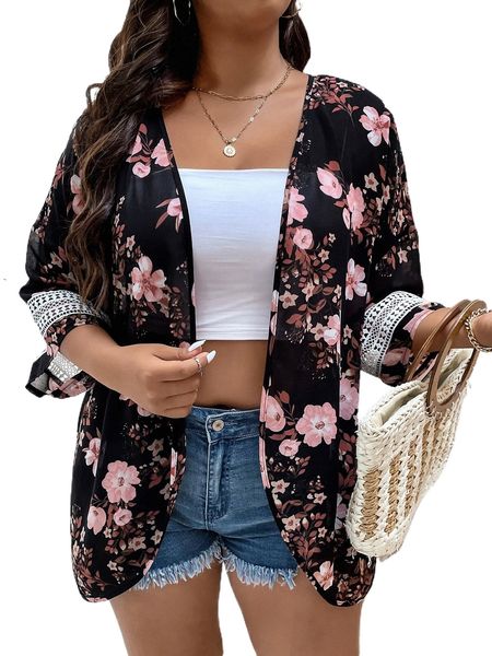 

plus floral print contrast guipure lace drop shoulder kimono t9jk#, Black;gray