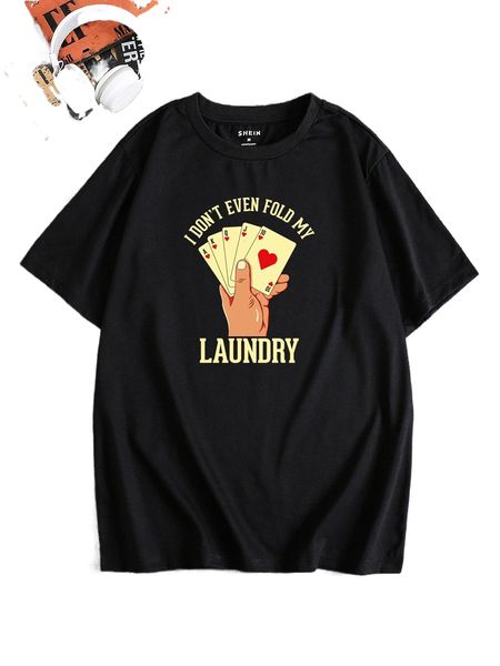 

men playing card & slogan graphic tee v6hh#, White;black