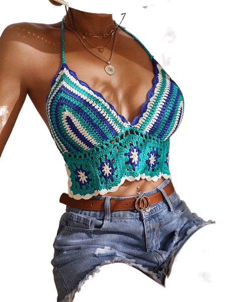 

floral and striped pattern tie backless halter b3rh#, White