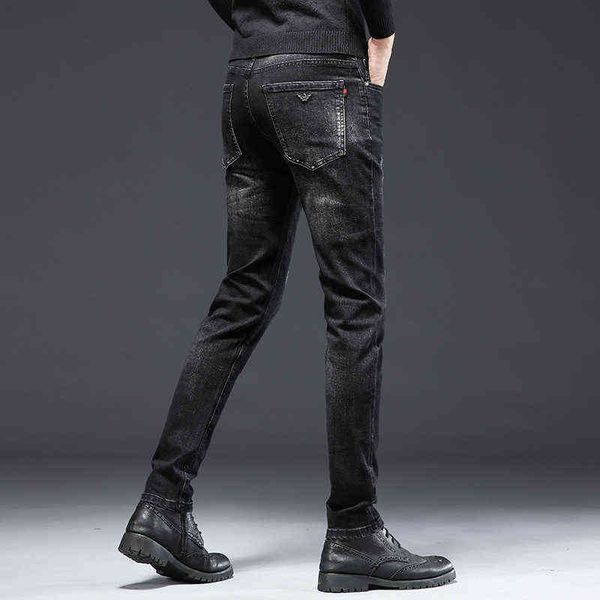 

and autumn winter trendy jeans men's korean version elastic slim fit small foot brand cotton black grey pants, Blue