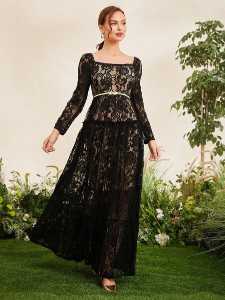

square neck a-line frill lace dress without belt p6tp#, Black;gray