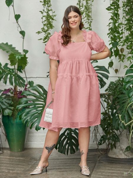 

plus square neck ruffle detail puff sleeve dress j8cn#, Black