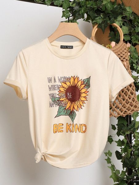 

sunflower and slogan graphic tee o1iz#, White