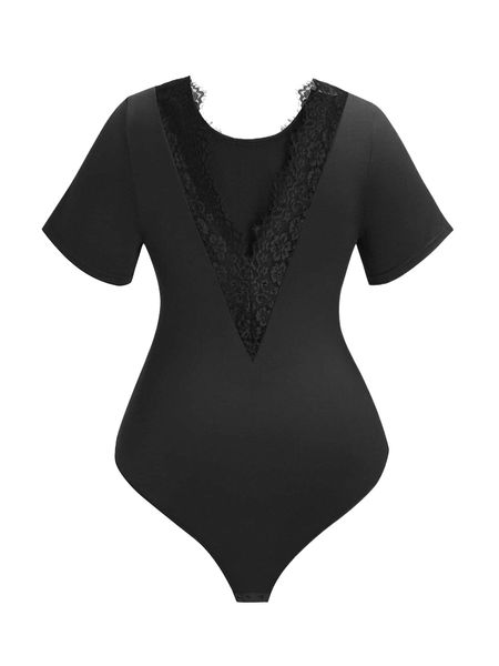 

plus eyelash lace detail v-back tee bodysuit f7wg#, Black