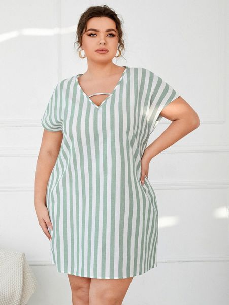 

plus batwing sleeve striped tunic dress 629t#, Black