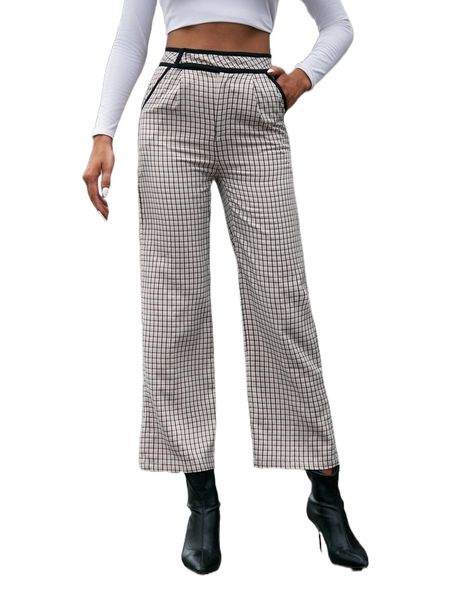 

plaid print contrast binding pants w4er#, Black;white