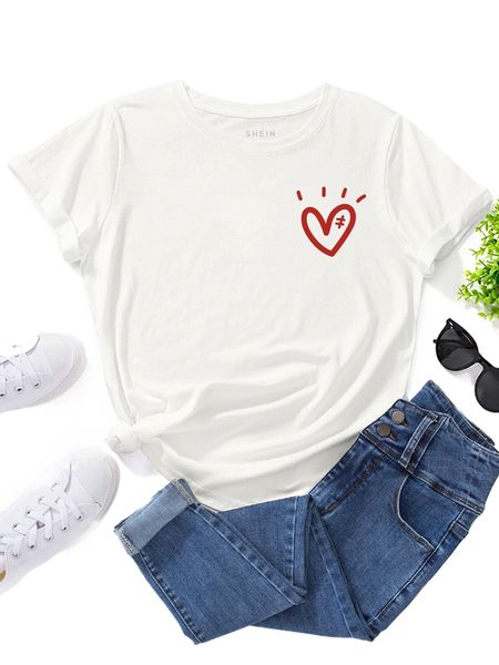 

heart print round neck tee g4wp#, White
