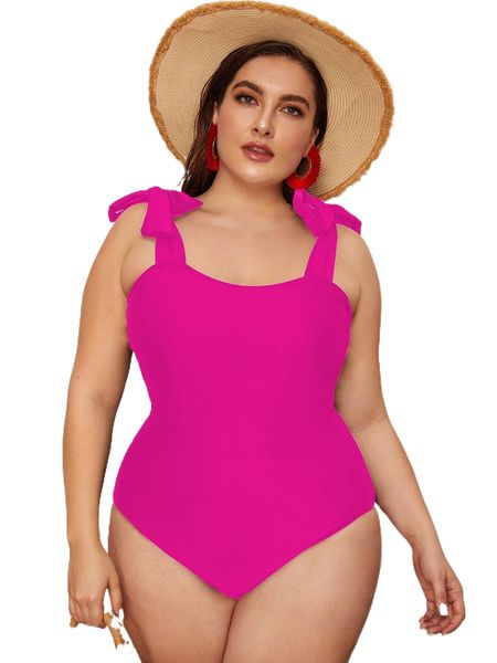 

plus plain tie shoulder one piece swimsuit y0za#, White;black