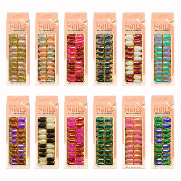 

24pcs/box packaging press on nails diy manicure glitter blingbling fake fingernails with self adhesive sticker, Red;gold
