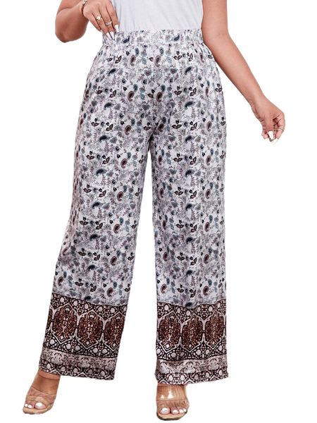 

plus paisley & plants print wide leg high waist pants w7p3#, Black