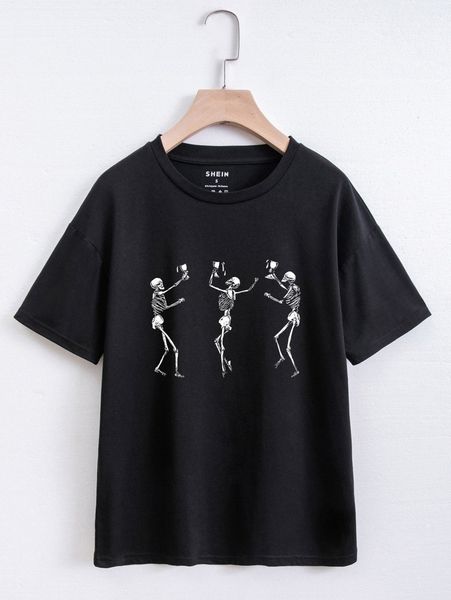 

skull print drop shoulder tee j8c5#, White