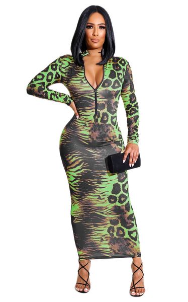 Catsuit-Kostüme für Damen, Leoparden-Frontreißverschluss, langes Kleid, bedruckt, sexy, schlanke, figurbetonte Robe