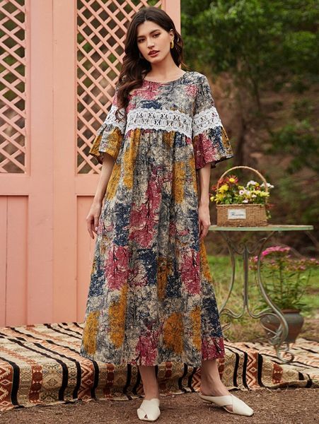 

lace panel tree print dress t6va#, Black;gray