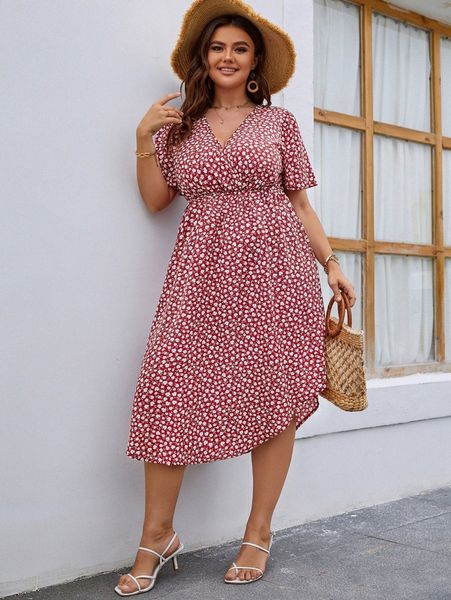 

plus ditsy floral print surplice front dress w7vu#, Black