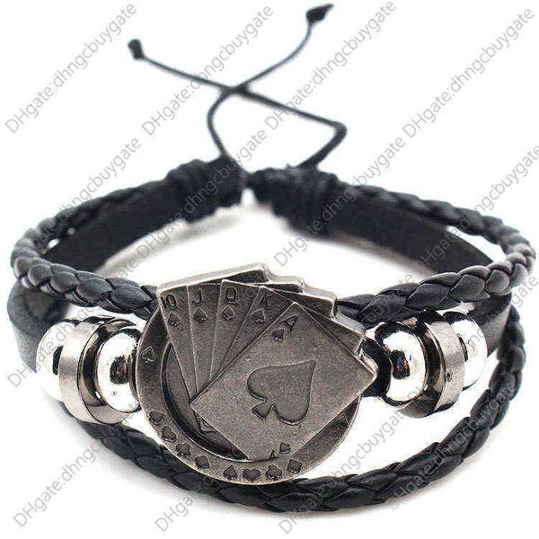 

pq02 leather bracelet three-layer woven telescopic poker strap, Silver