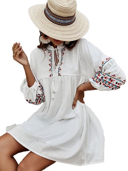 

floral embroidered tie neck lantern sleeve smock dress b9ym#, Black;gray