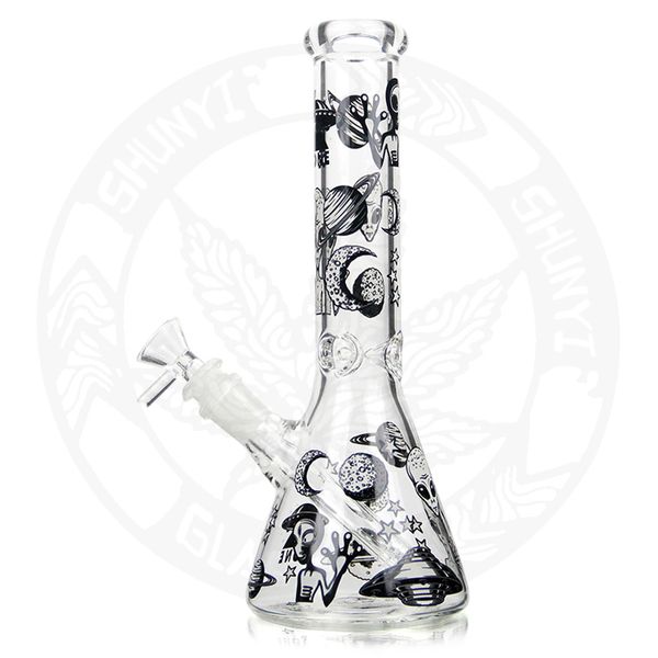 10 pollici Bicchiere luminoso Decalcomanie Alien Patterns Narghilè DAB Oil Rig Recycler Fumo Bong Pipa ad acqua