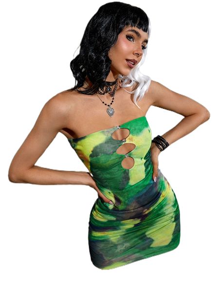 

rhinestone cutout front tie dye tube bodycon dress 58lk#, Black;gray