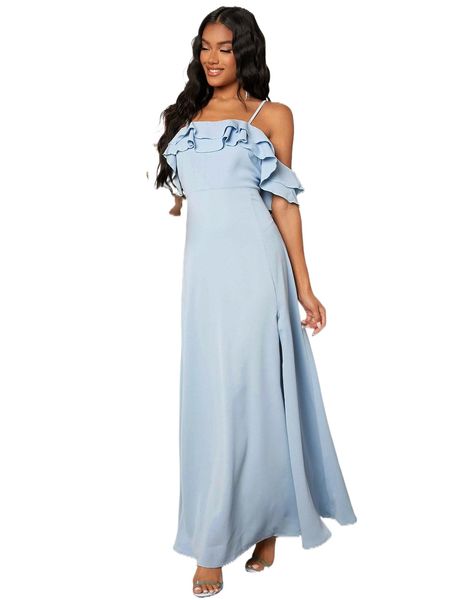 

layered ruffle trim cold shoulder split thigh dress 92a1#, Black;gray