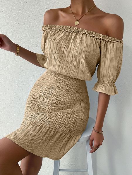 

off the shoulder frill trim shirred dress g8sf#, Black;gray